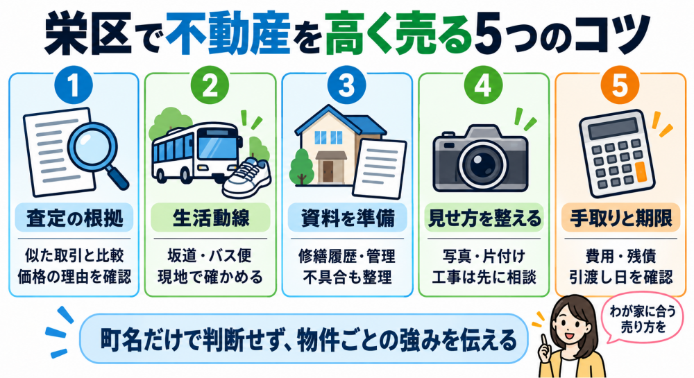 栄区の不動産を高く売る5つのコツ。査定根拠、生活動線、修繕や管理の資料、写真と片付け、手取りと引渡し期限を物件ごとに確認する。