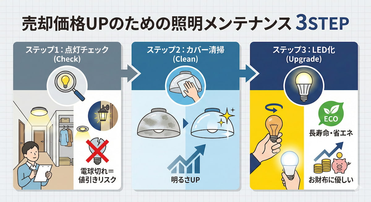 横浜不動産売却｜内覧前にやるべき照明メンテナンス3ステップ（点灯チェック・清掃・LED交換）