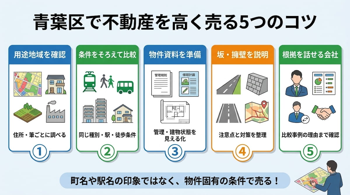 横浜市青葉区で不動産を高く売る5つのコツを、用途地域、比較事例、物件資料、坂・擁壁・ハザード、会社選びに分けて整理した図。
