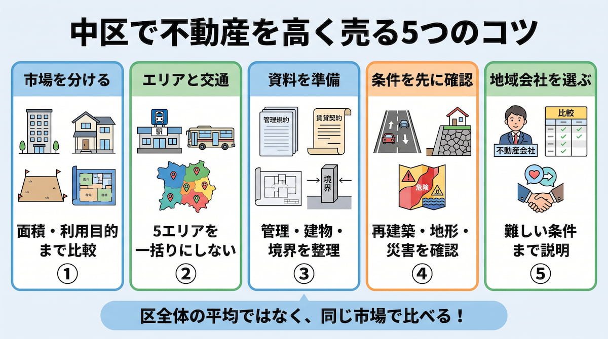 横浜市中区で不動産を高く売る5つのコツを、比較市場、エリアと交通、物件資料、道路・地形・ハザード、会社選びに分けて整理した図。
