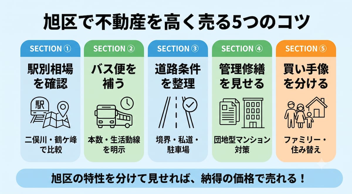 旭区で不動産を高く売る5つのコツ（二俣川・鶴ケ峰・希望ケ丘・若葉台の見せ方、バス便対策、道路境界、管理修繕）を整理したインフォグラフィック。