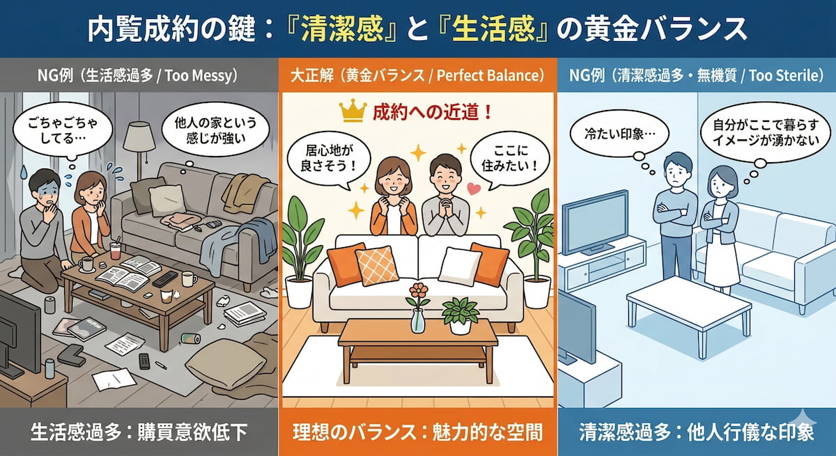 あおぞら不動産|内覧成約のための片付けバランス図解(生活感と清潔感の共存)