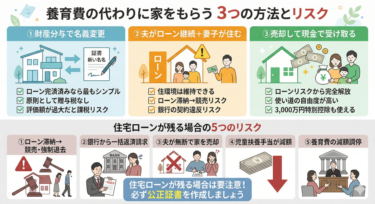養育費の代わりに家をもらう場合の3つの方法と住宅ローンが残るケースの5つのリスクを整理したインフォグラフィック。財産分与・ローン継続・売却の選択肢を比較した図。