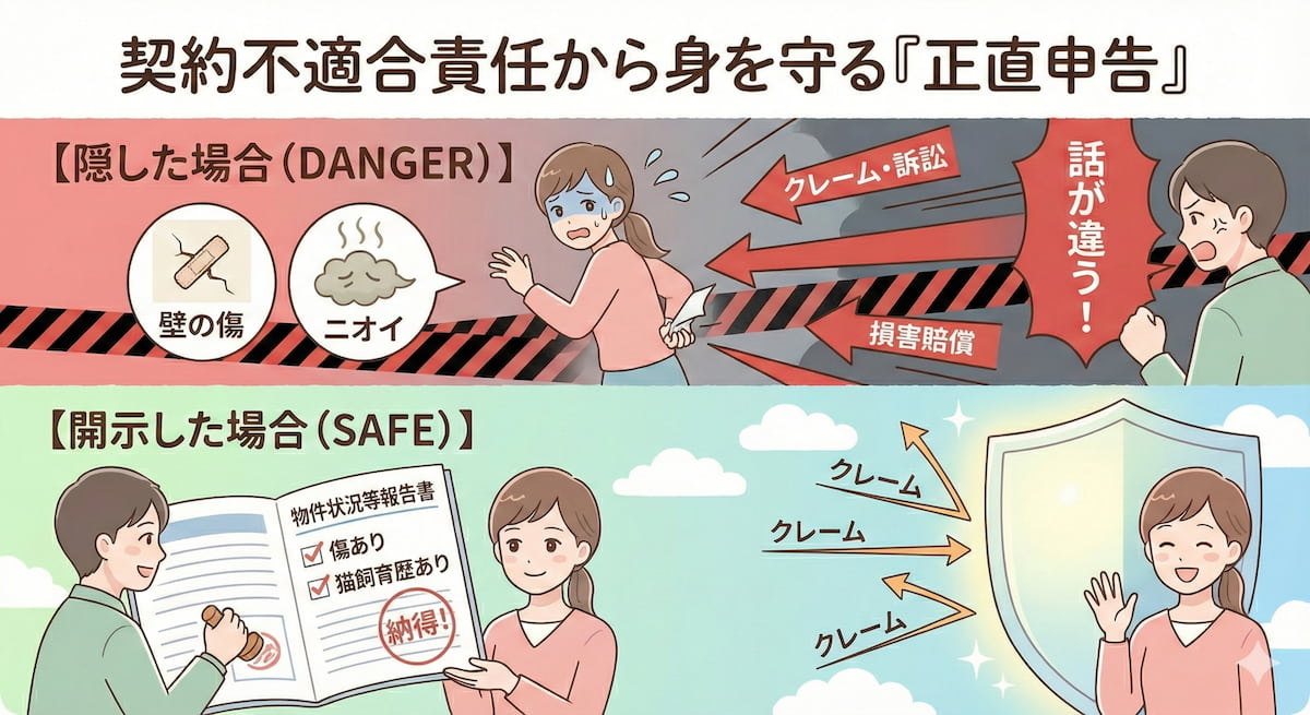 契約不適合責任のトラブルを防ぐ「正直申告」のイメージ図。不具合を隠して訴えられるリスクと、物件状況等報告書で身を守る安全な取引の対比。