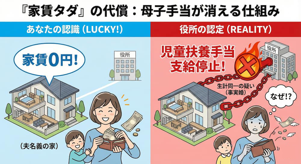 家賃タダ』の代償と児童扶養手当停止の仕組み図解｜家賃0円の認識と役所による生計同一認定（支給停止）の現実