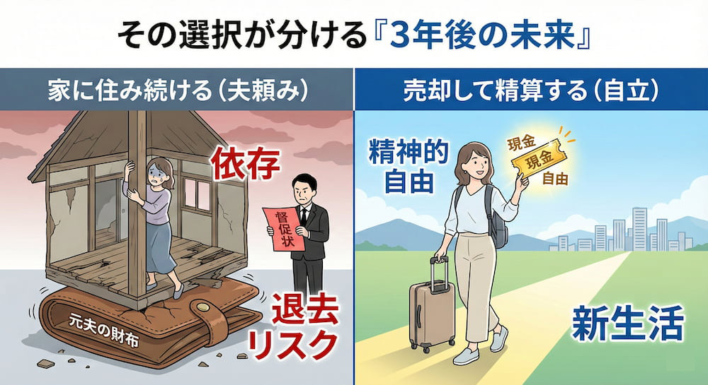 離婚後の家の選択比較図｜元夫に依存して住み続けるリスクと売却して精神的自由を得るメリットの比較