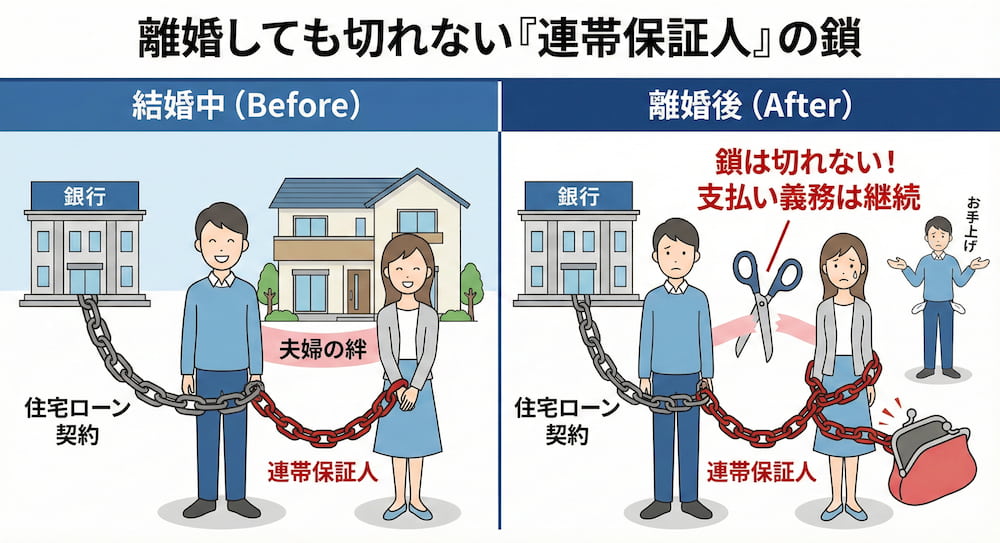 離婚後の住宅ローン連帯保証人のリスク図解｜夫婦の縁は切れても銀行との返済義務（鎖）は消えない仕組み