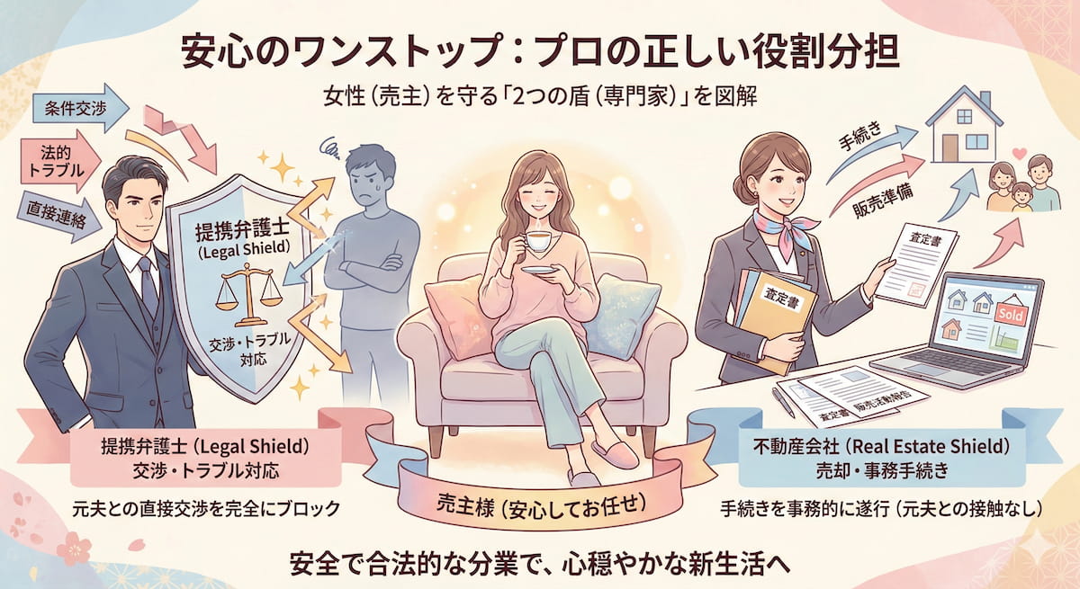離婚時の不動産売却における、提携弁護士（法的交渉）と不動産会社（売却実務）の安全で適法な役割分担の図解。