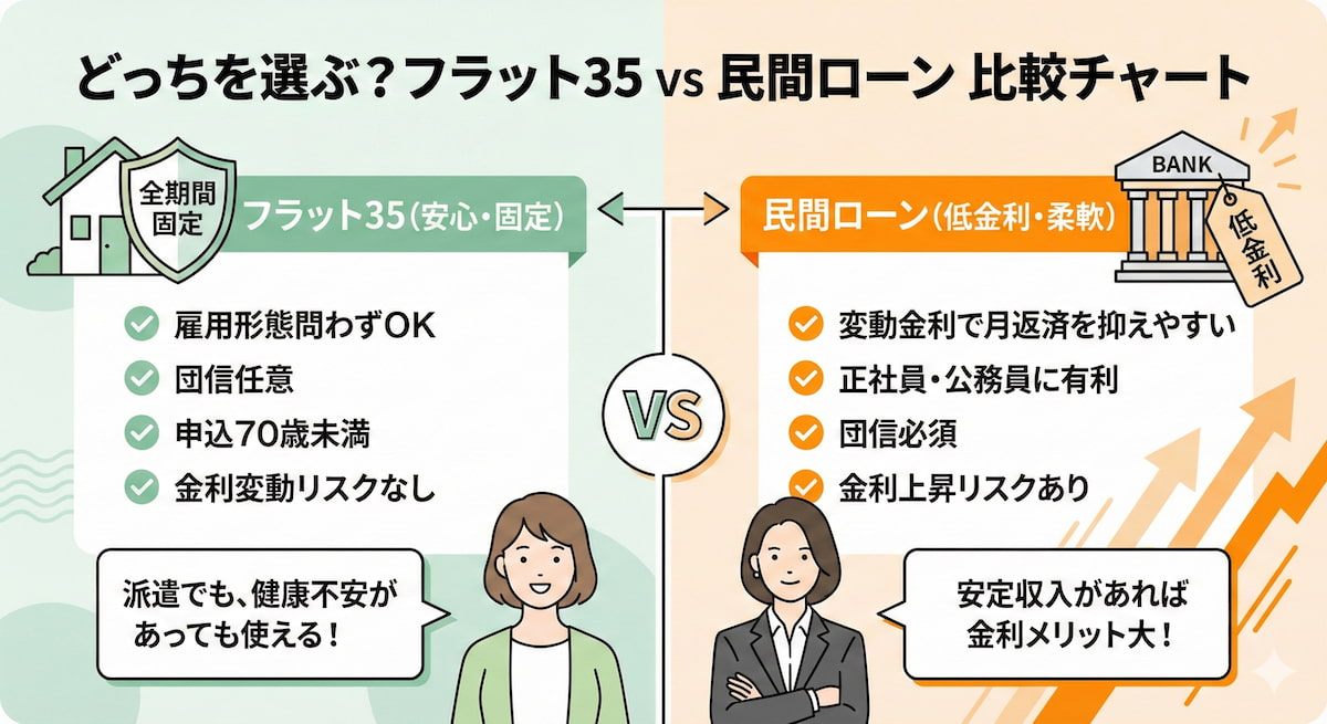 フラット35と民間ローンの特徴を比較したインフォグラフィック