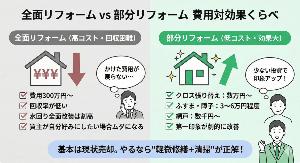 売却前リフォーム｜全面リフォームと部分リフォームの費用対効果を比較するインフォグラフィック