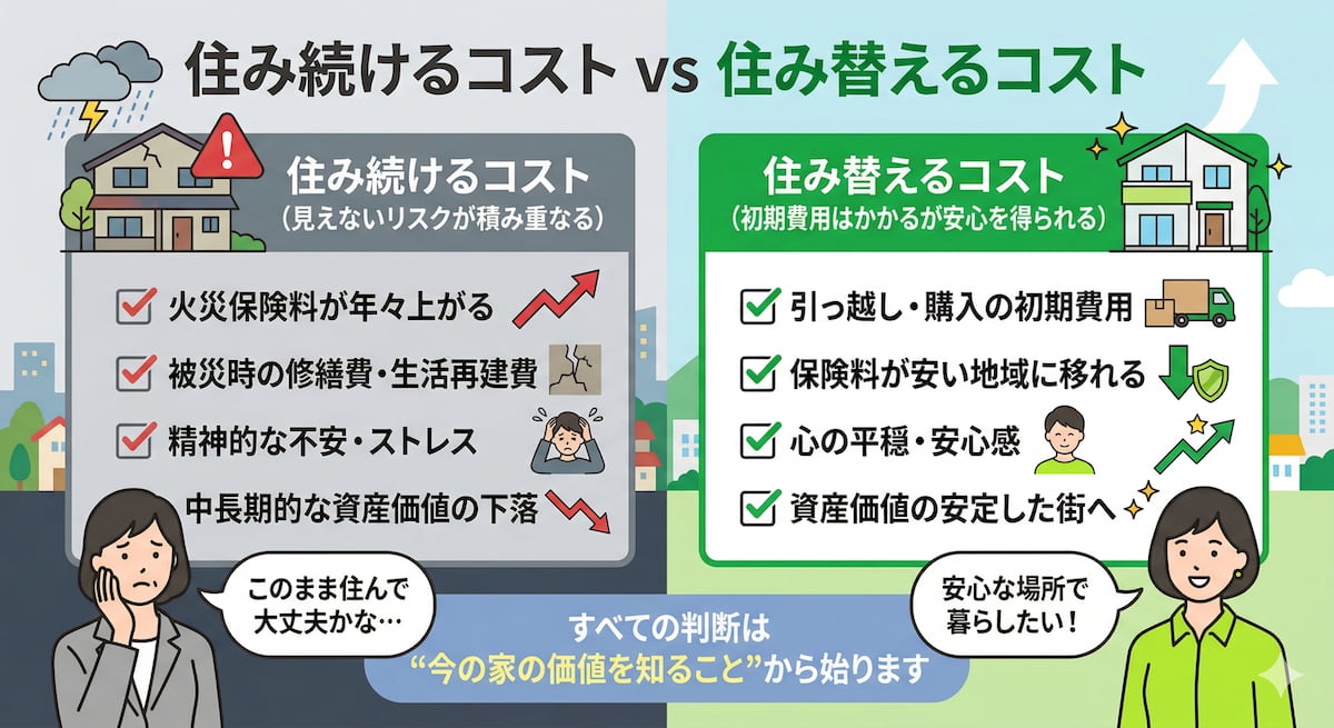 ハザードマップ区域の不動産の資産価値・火災保険料への影響と、住み続けるコストと住み替えるコストの比較を整理したインフォグラフィック。