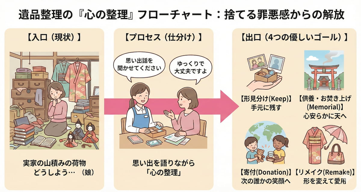 遺品整理の『心の整理』フローチャート図解:実家の荷物に悩む女性が、女性スタッフとの対話を通じて「形見分け」「供養・お焚き上げ」「寄付」「リメイク」という4つの優しい解決策へ進む流れ