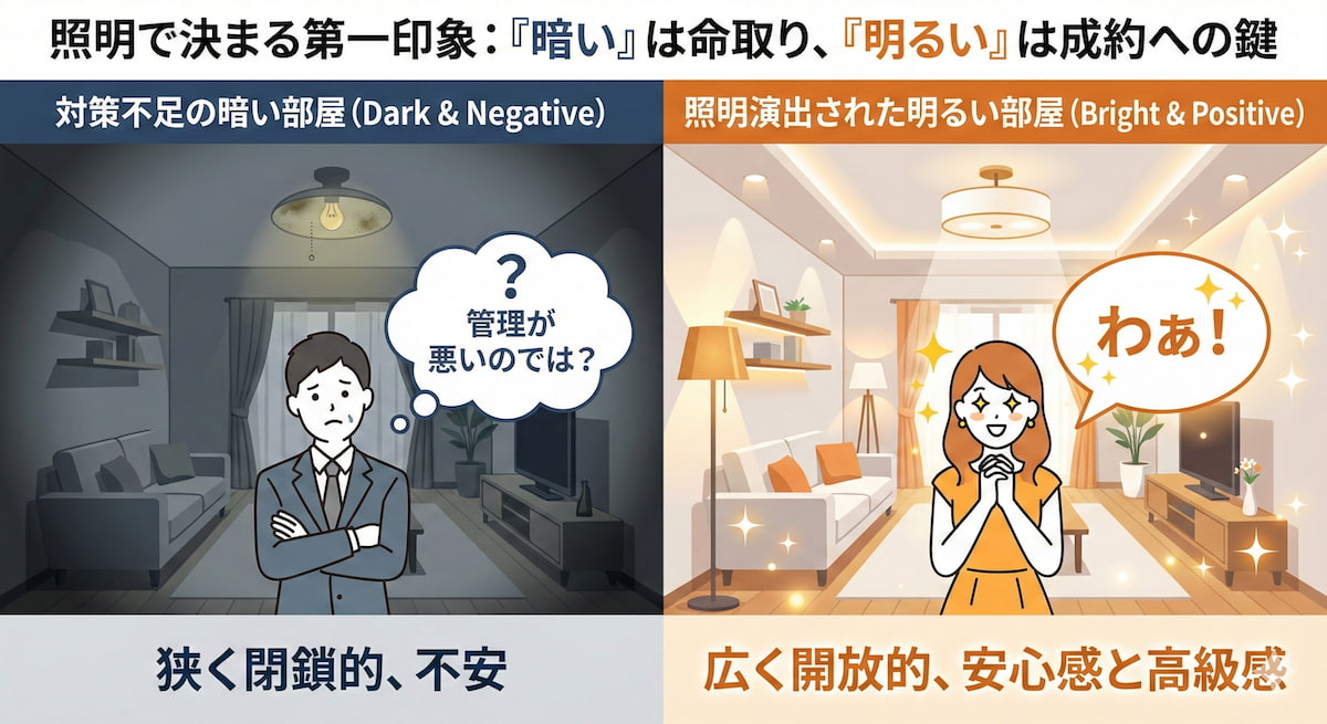 横浜不動産売却｜照明の明るさが内覧に与える第一印象の違い（暗い部屋vs明るい部屋）