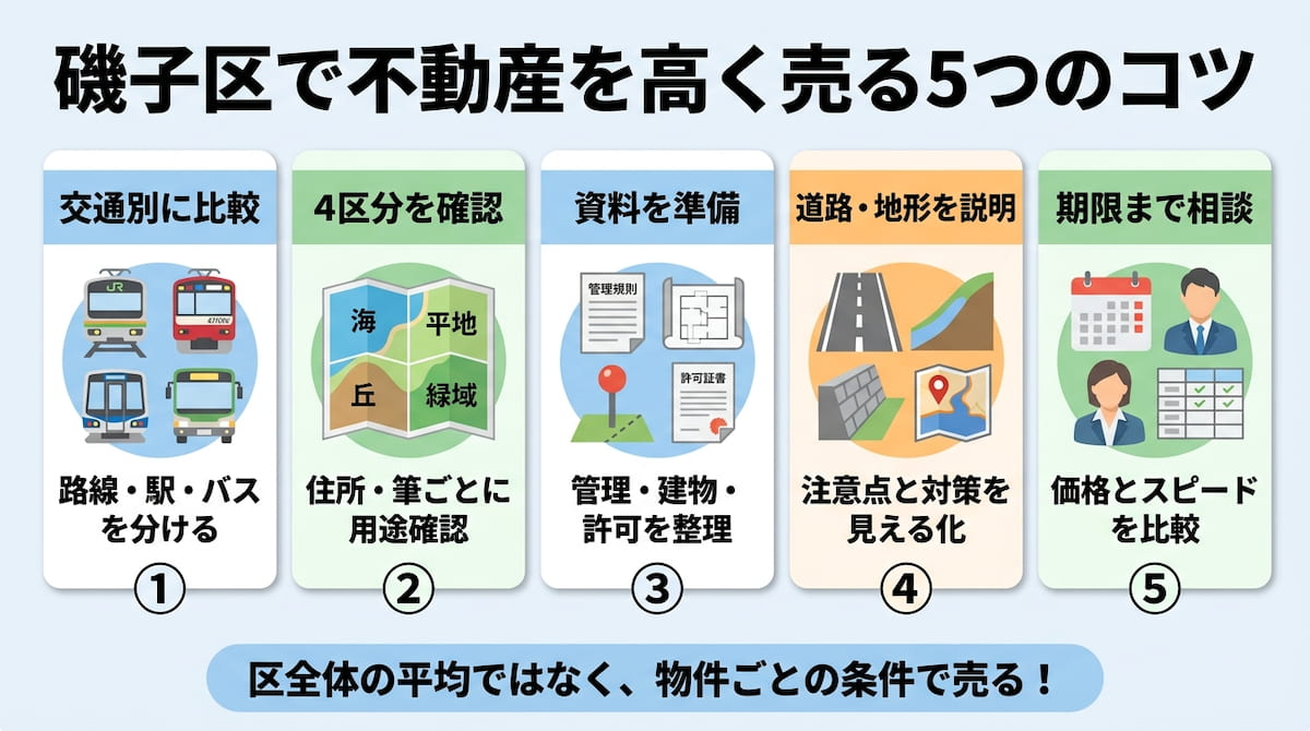 横浜市磯子区で不動産を高く売る5つのコツを、交通別比較、4つの地域区分、物件資料、道路・地形・ハザード、期限と会社選びに分けて整理した図。