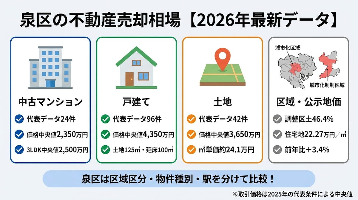 横浜市泉区の不動産売却相場を中古マンション・戸建て・土地と2026年公示地価、市街化調整区域の割合に分けて整理したインフォグラフィック。