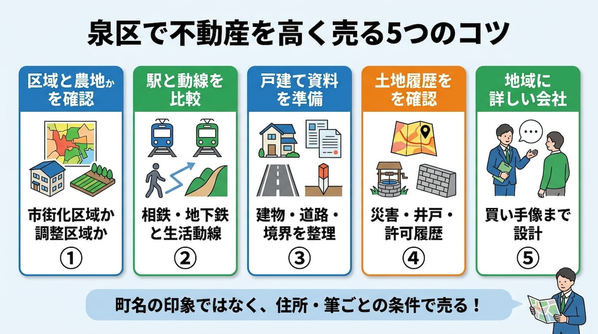 横浜市泉区で不動産を高く売る5つのコツを、区域区分、駅と動線、戸建て資料、ハザードと土地履歴、会社選びに分けて整理した図。