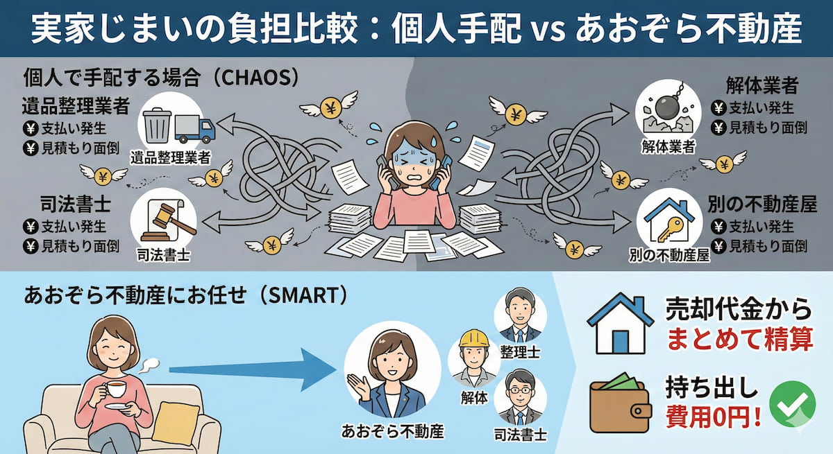 実家じまいの負担比較図解:個人で遺品整理・解体・登記を個別に手配する「多重苦」と、あおぞら不動産のワンストップサービスによる「窓口一本化・売却代金での後払い(持ち出し費用0円)」のメリット対比