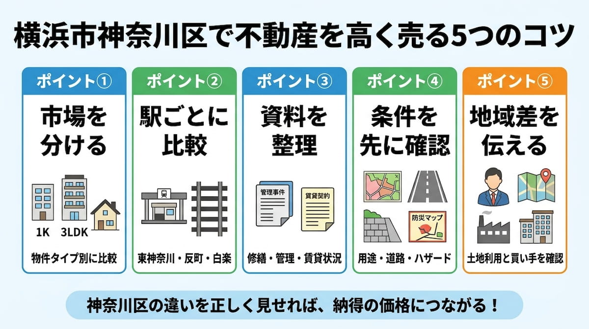 横浜市神奈川区で不動産を高く売る5つのコツを、物件タイプ、駅別比較、管理資料、用途・道路・ハザード、会社選びに分けて整理した図。