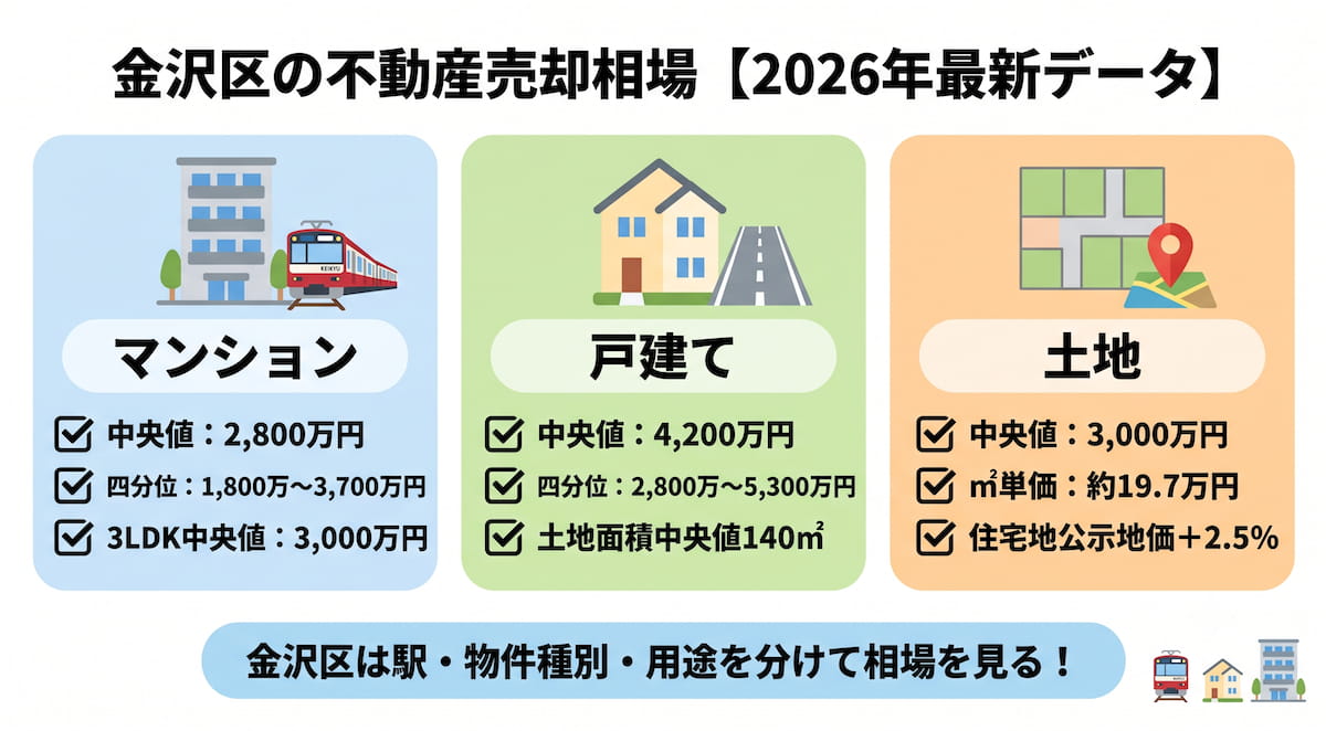 金沢区の不動産売却相場を中古マンション・戸建て・土地と2026年公示地価に分けて整理したインフォグラフィック。
