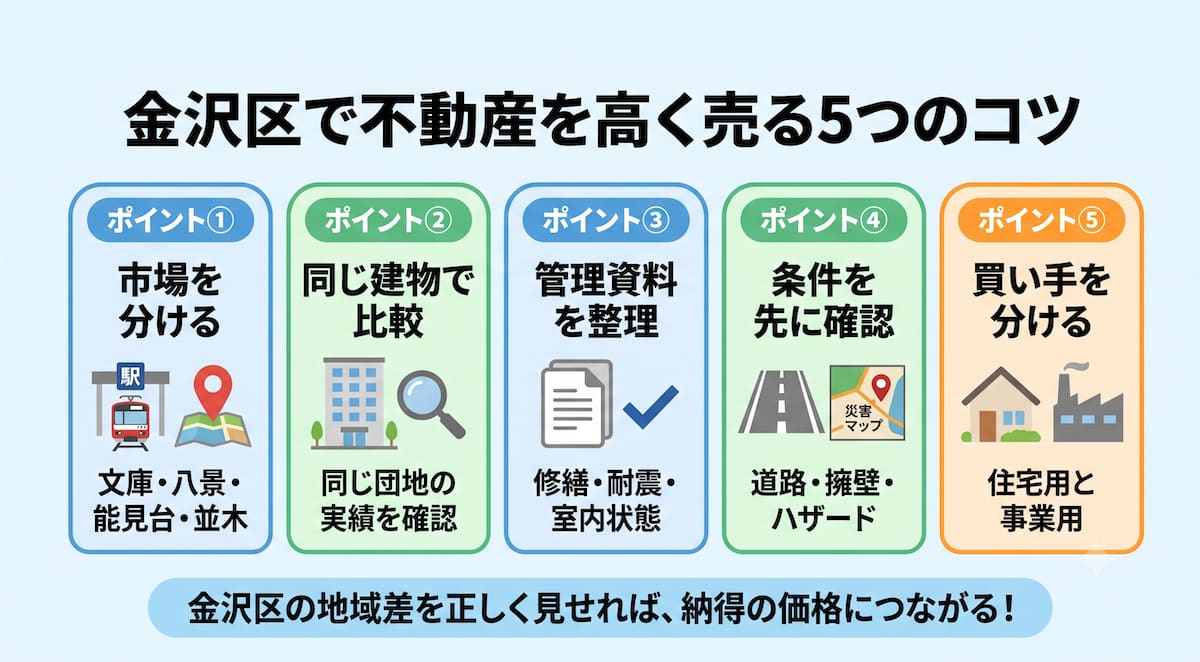 金沢区で不動産を高く売る5つのコツを、エリア別相場、管理資料、道路・擁壁、ハザード、買い手別に整理した図。