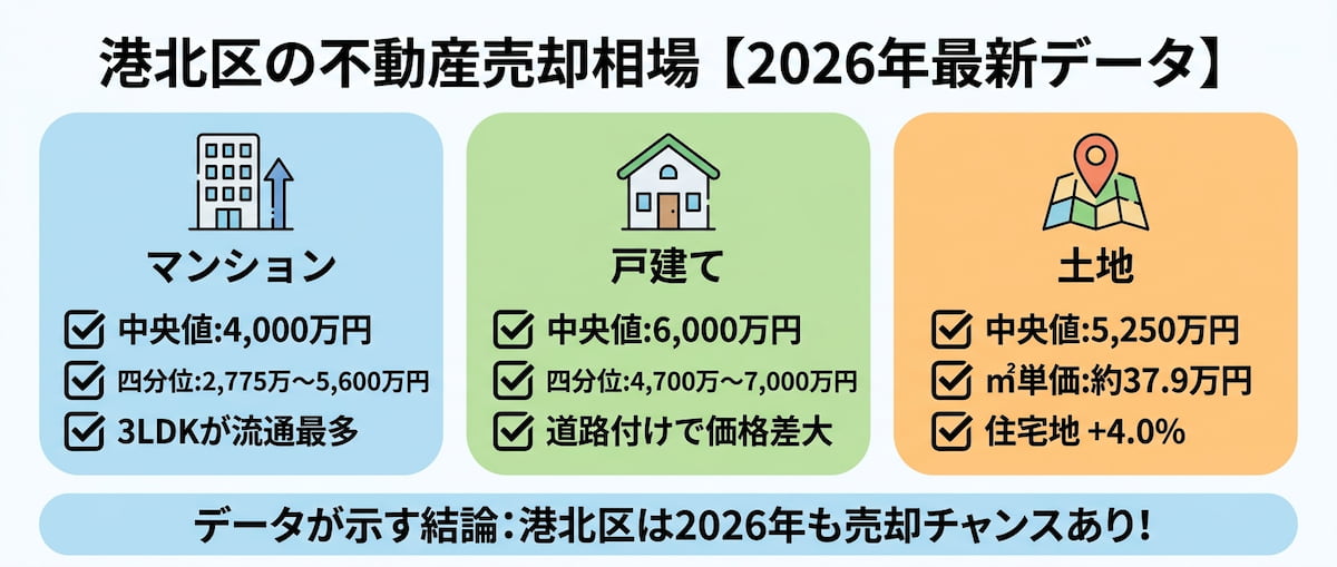 港北区の不動産売却相場(中古マンション・戸建て・土地)を2026年最新データで整理したインフォグラフィック。