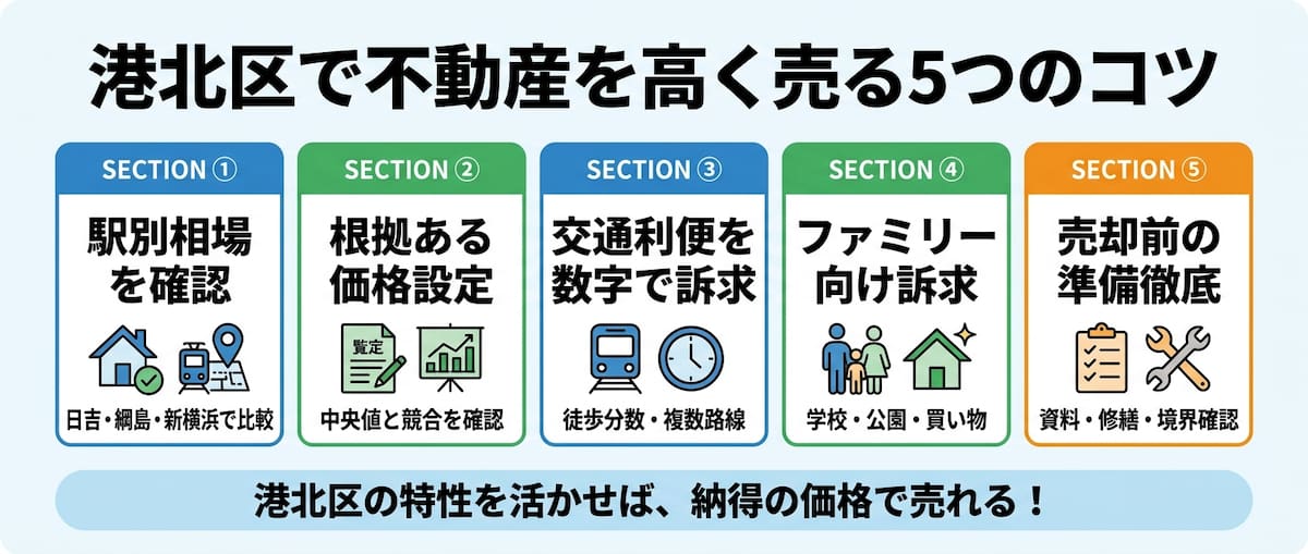 港北区で不動産を高く売る5つのコツ(駅別相場・根拠ある価格設定・交通利便性の数字訴求・ファミリー層向け情報・売却前準備)を整理したインフォグラフィック。