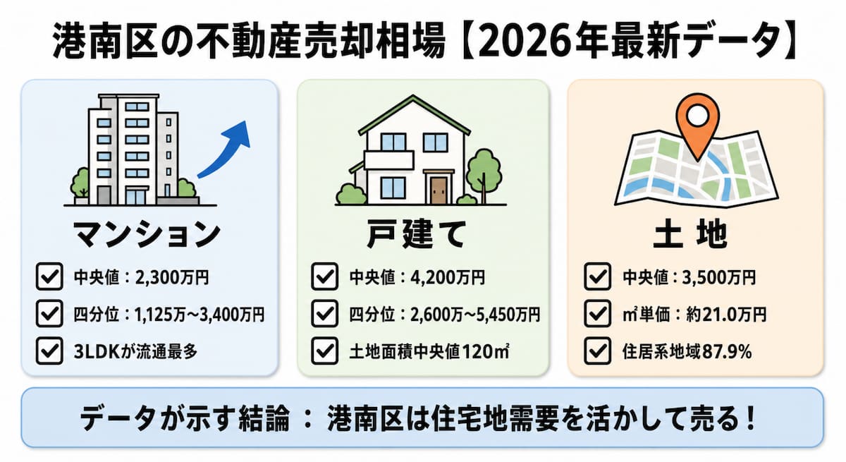 港南区の不動産売却相場(中古マンション・戸建て・土地)を2026年最新データで整理したインフォグラフィック。