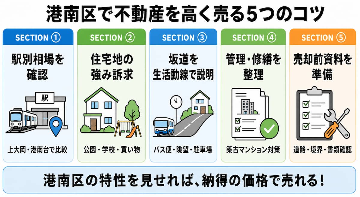 港南区で不動産を高く売る5つのコツ(駅別相場・住宅地の強み・坂道対策・管理修繕・売却前資料)を整理したインフォグラフィック。