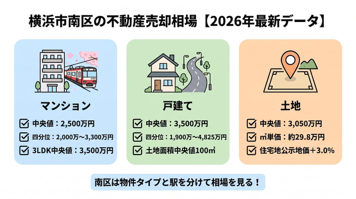 浜市南区の不動産売却相場を中古マンション・戸建て・土地と2026年公示地価に分けて整理したインフォグラフィック。