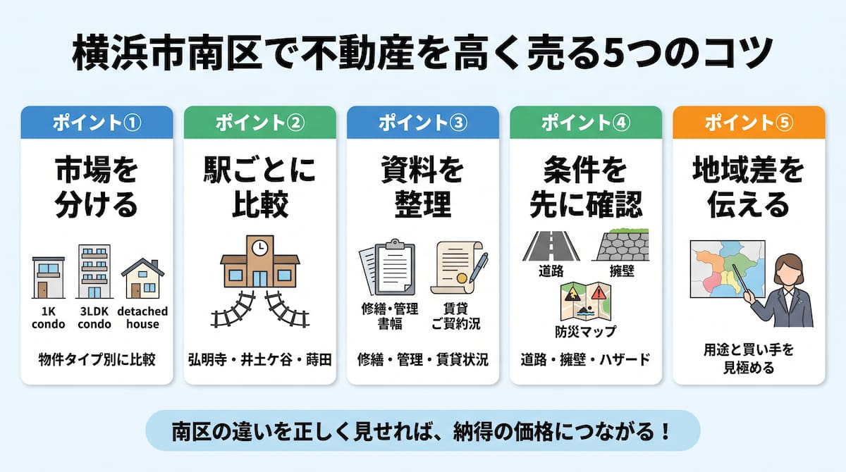 横浜市南区で不動産を高く売る5つのコツを、物件タイプ、駅別比較、管理資料、道路・ハザード、会社選びに分けて整理した図。
