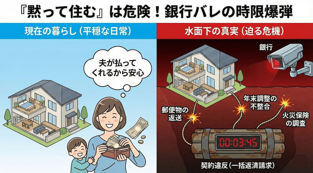 『黙って住む』危険性と銀行バレのメカニズム図解｜郵便物や年末調整から契約違反（一括返済請求）が発覚する流れ