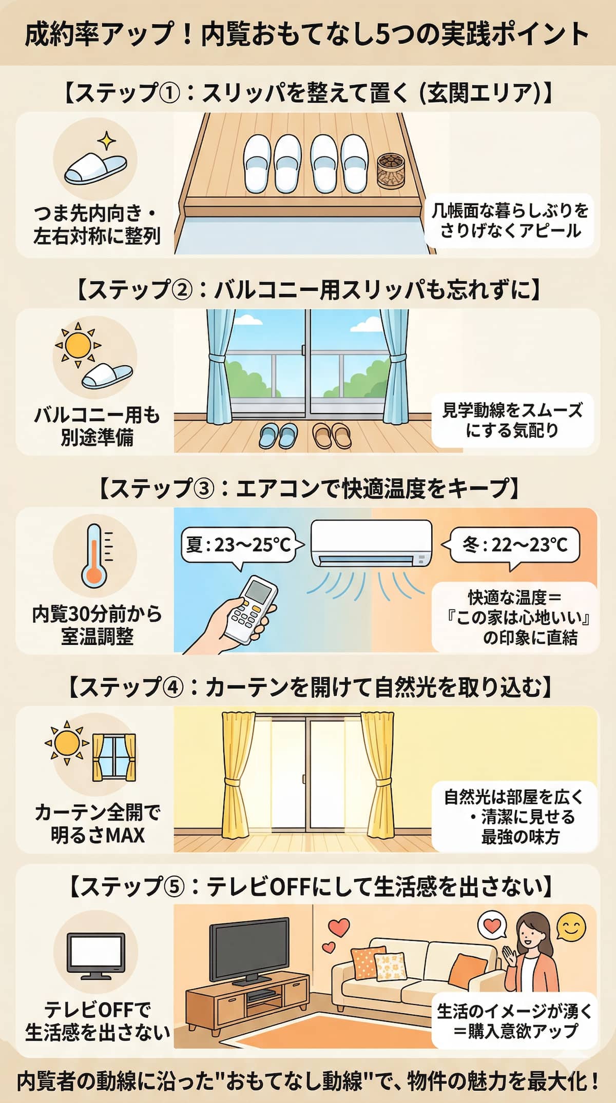 内覧時のおもてなしポイントのインフォグラフィック。スリッパの配置、バルコニー用スリッパ、エアコン温度設定、カーテンとテレビの演出など5つの実践ポイントを図解で紹介。