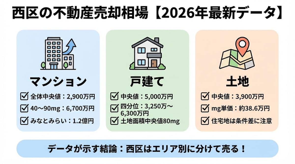 西区の不動産売却相場（中古マンション・戸建て・土地）を横浜駅・みなとみらいの特性とあわせて整理したインフォグラフィック。