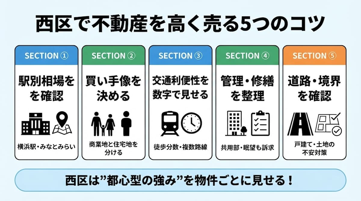 西区で不動産を高く売る5つのコツ（駅別相場・買い手像・交通利便性・管理修繕・道路境界）を整理したインフォグラフィック。