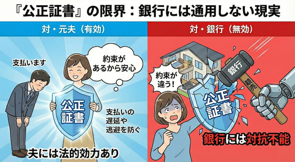 公正証書の限界と銀行への対抗力図解｜元夫には有効だが銀行の競売手続きには対抗できず盾が砕かれる現実