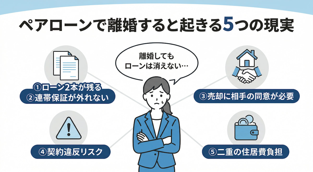 ペアローンで離婚すると起きる5つの現実を整理したインフォグラフィック。ローン2本が残る・連帯保証が外れない・売却に同意が必要・契約違反リスク・二重の住居費負担の5項目をアイコン付きで図解。