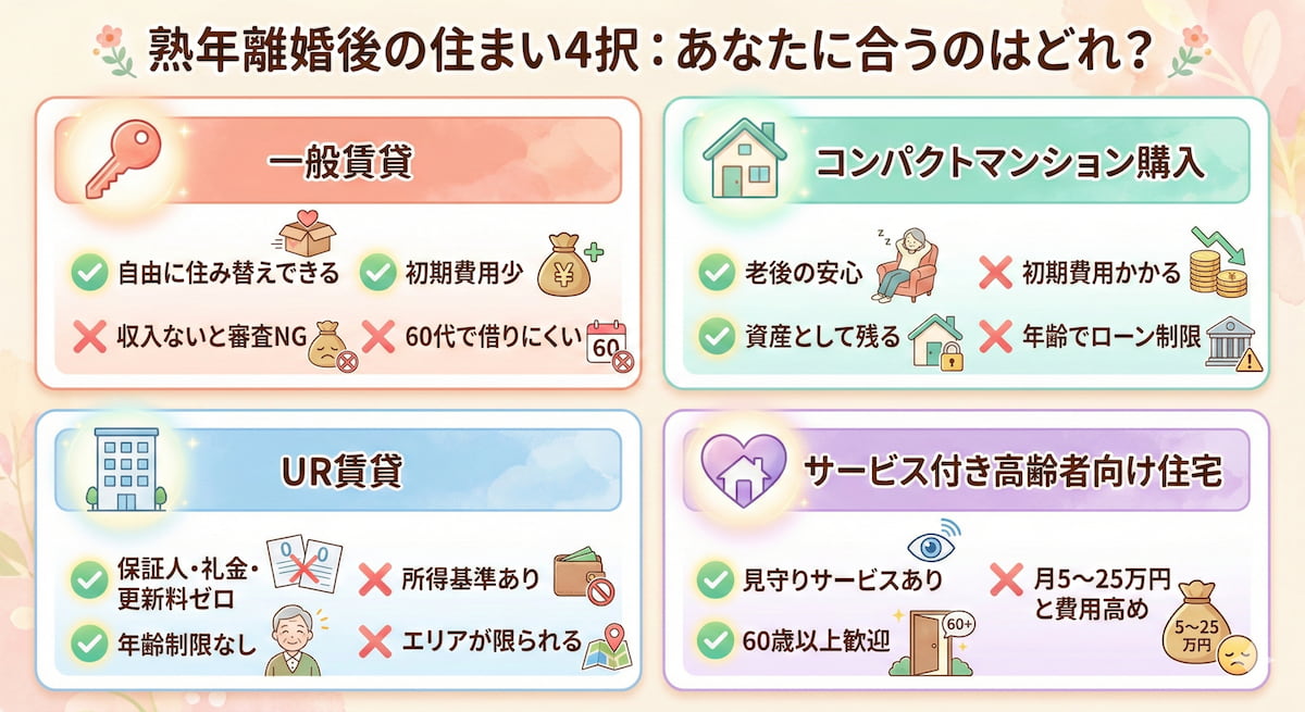 熟年離婚後の住まい4択(一般賃貸・コンパクトマンション購入・UR賃貸・サービス付き高齢者向け住宅)を比較したインフォグラフィック。費用・審査の通りやすさ・老後の安心感を軸に、50代・60代女性向けに整理した図。