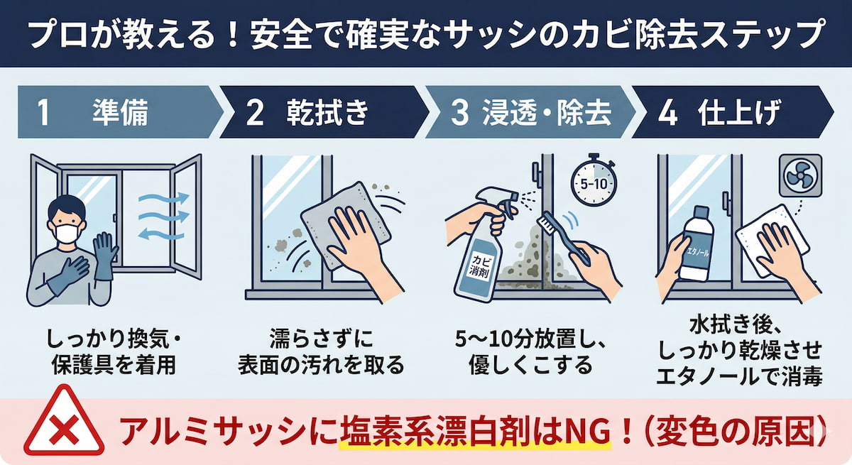 サッシのカビ取り｜安全で正しい除去手順と注意点