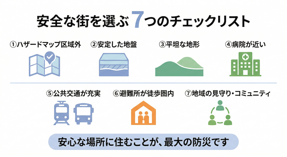 安全な街を選ぶための7つのチェックリスト(ハザードマップ・地盤・地形・医療・交通・避難所・地域コミュニティ)を整理したインフォグラフィック。防災と住み替えの判断基準を図解。