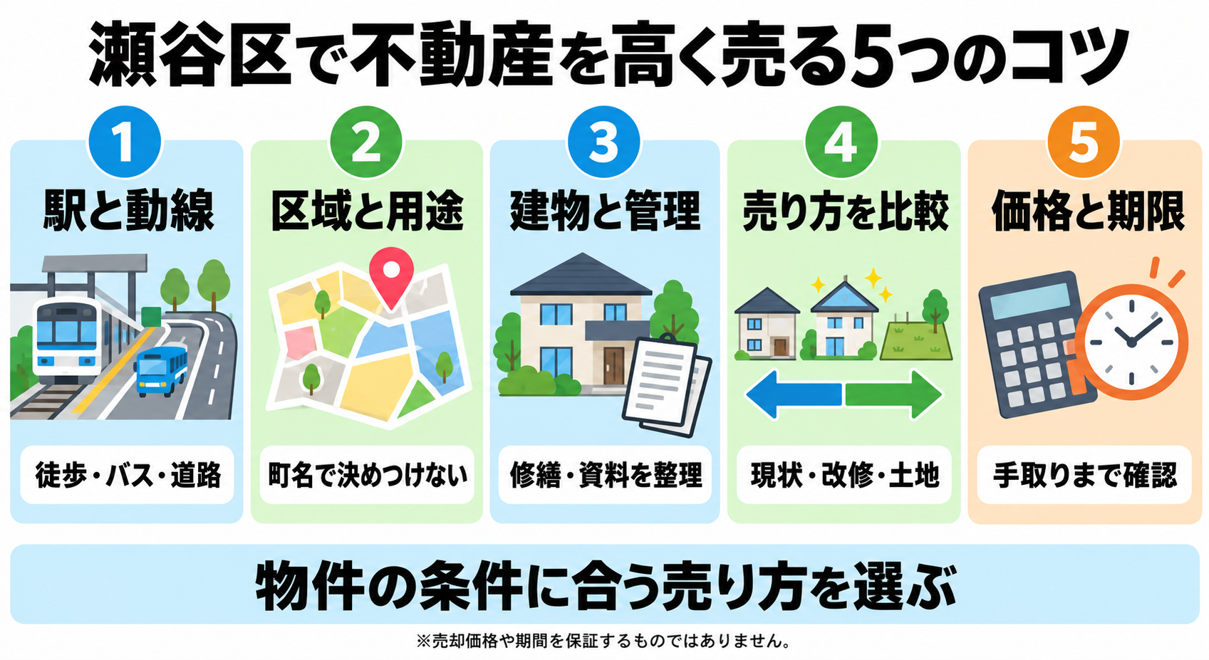 瀬谷区で不動産を高く売る5つのコツ。駅と動線、区域と用途、建物と管理、売り方の比較、価格と期限。