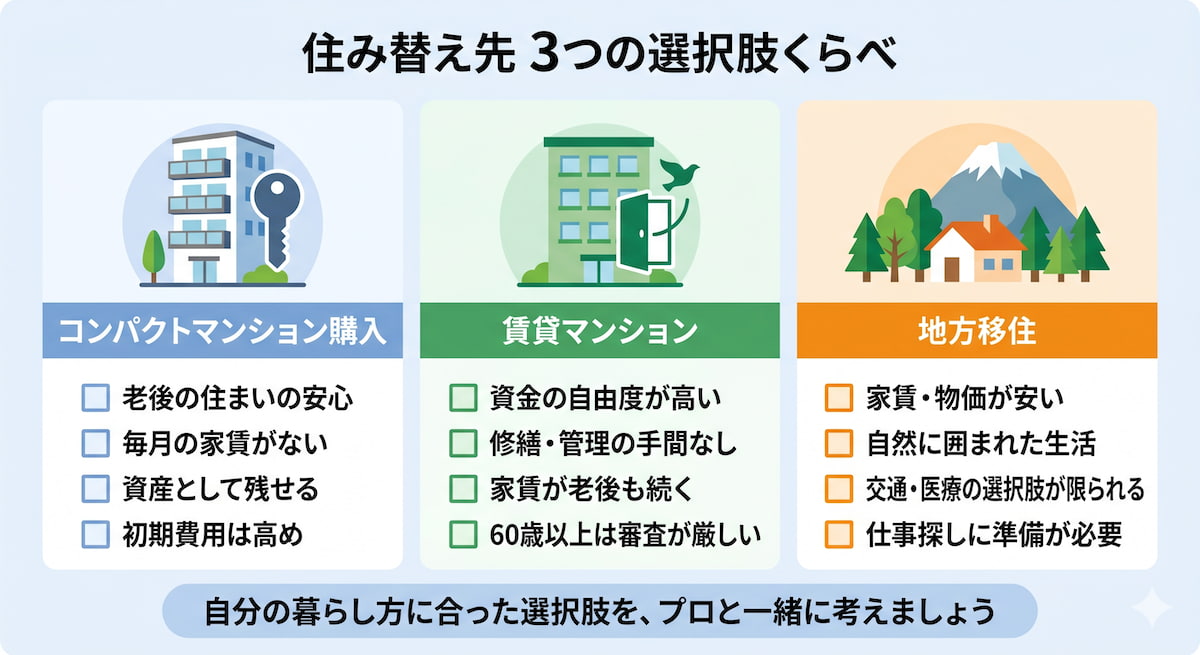シングルマザーの住み替え先3つの選択肢（コンパクトマンション購入・賃貸・地方移住）のメリット・デメリットを比較したインフォグラフィック。教育費と老後資金の確保を軸に整理。