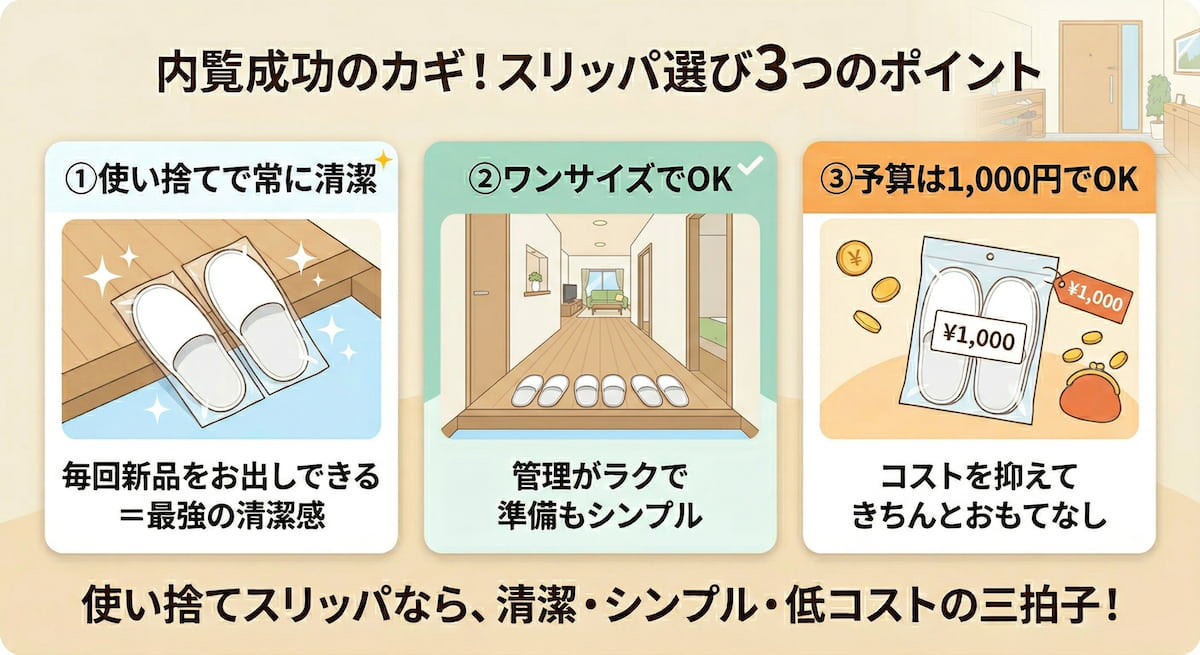 覧用スリッパ選び3つのポイントのインフォグラフィック。使い捨てスリッパの使用、ワンサイズで統一、1000円程度の予算の3点を図解で紹介。