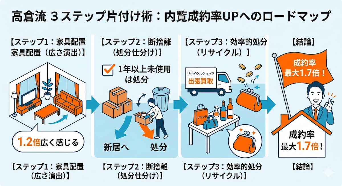 あおぞら不動産|高倉流3ステップ片付け術(家具配置・断捨離・効率的処分)による成約率向上プロセス