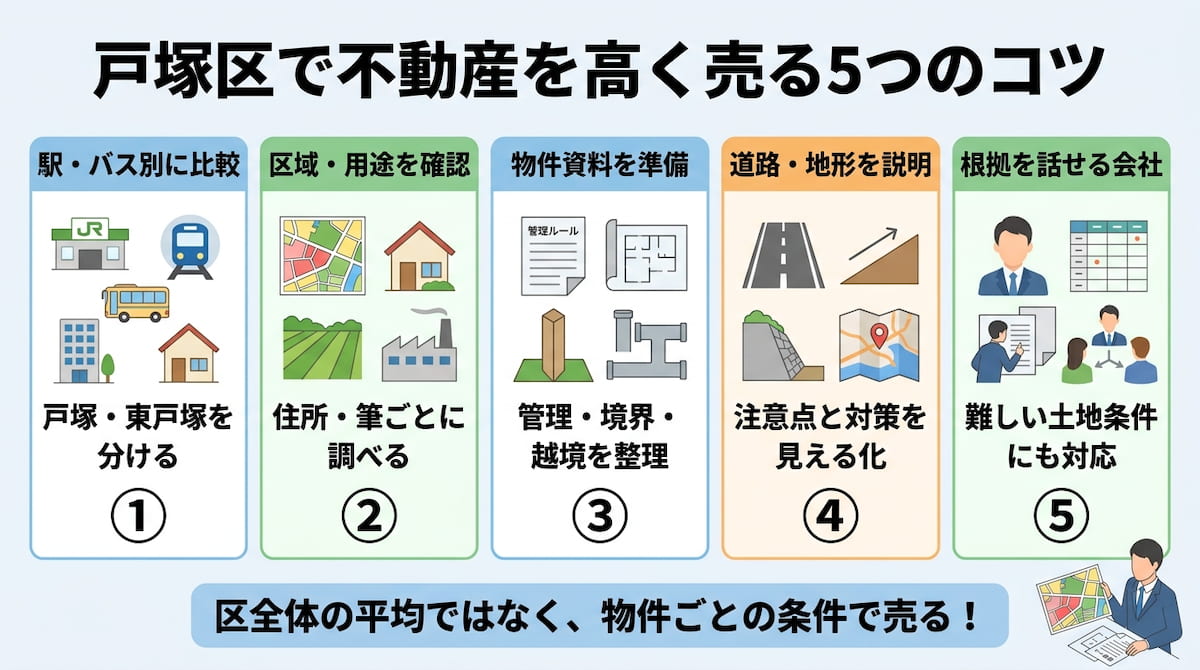 横浜市戸塚区で不動産を高く売る5つのコツを、駅・バス別比較、区域区分・用途地域、物件資料、道路・高低差・ハザード、会社選びに分けて整理した図。