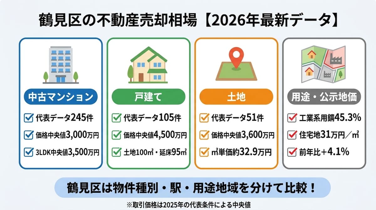 横浜市鶴見区の不動産売却相場を中古マンション・戸建て・土地と2026年公示地価、用途地域の違いに分けて整理したインフォグラフィック。
