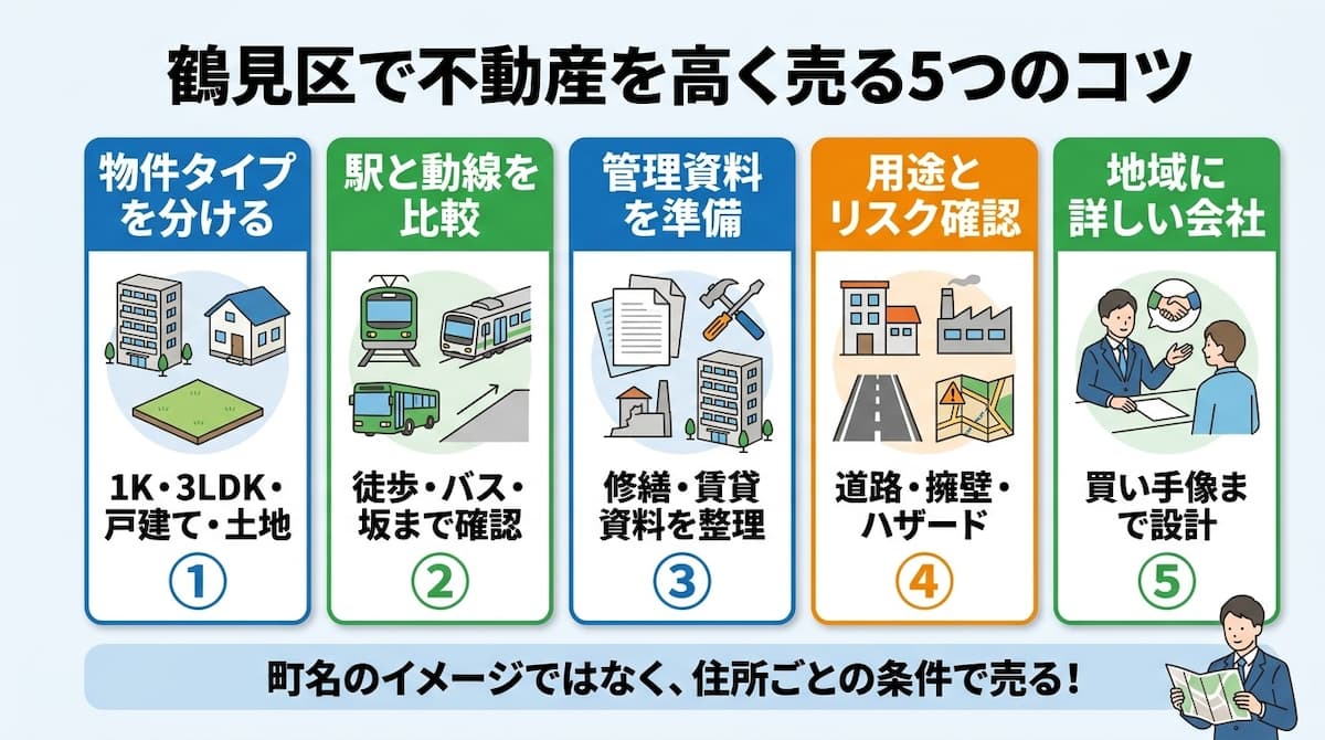 横浜市鶴見区で不動産を高く売る5つのコツを、物件タイプ、駅別比較、管理資料、用途・道路・ハザード、会社選びに分けて整理した図。