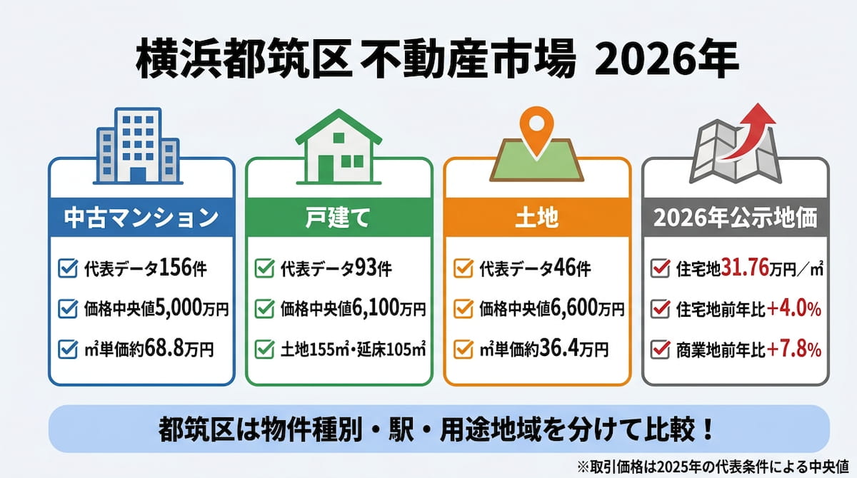 横浜市都筑区の不動産売却相場を中古マンション・戸建て・土地と2026年公示地価に分けて整理したインフォグラフィック。