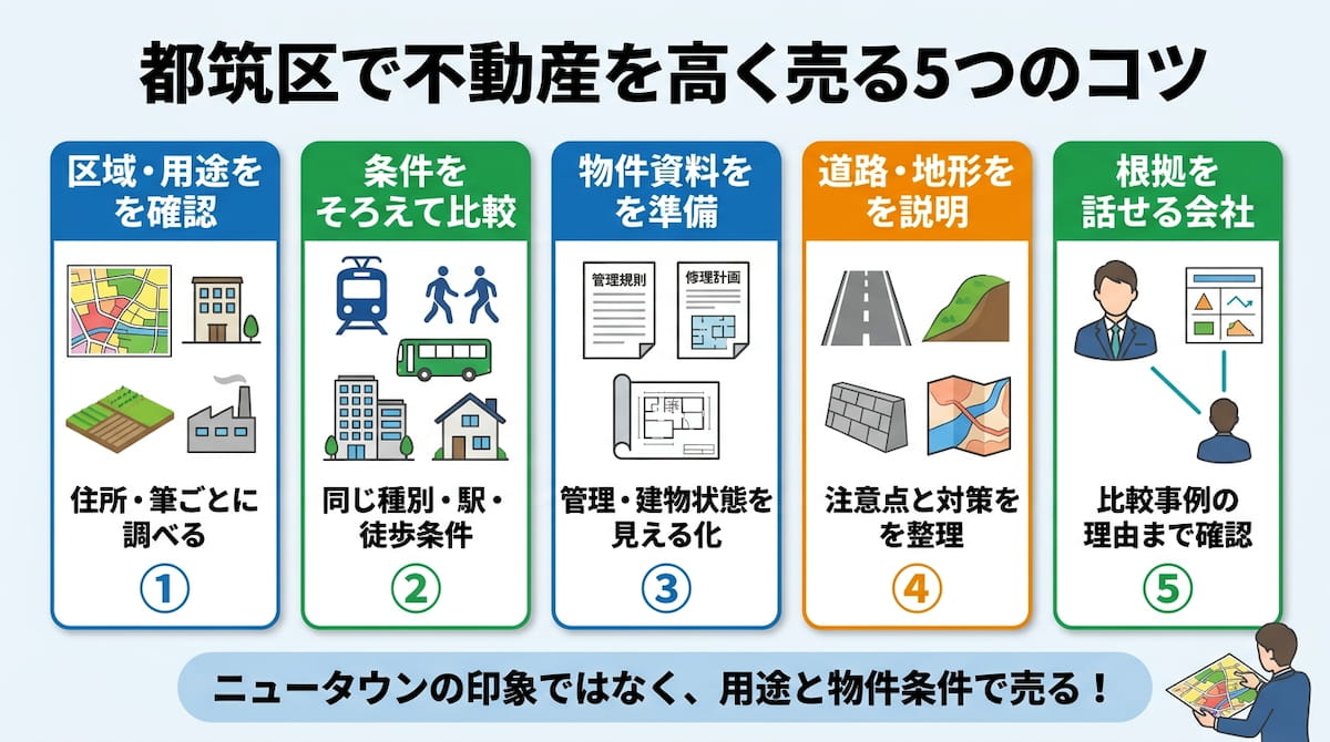 横浜市都筑区で不動産を高く売る5つのコツを、区域区分・用途地域、比較事例、物件資料、道路・高低差・ハザード、会社選びに分けて整理した図。