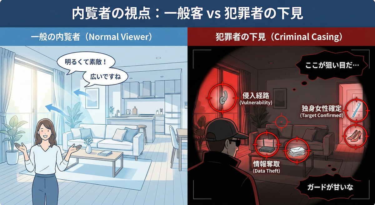 マンション内覧時における一般客と犯罪者の視点の違い図解｜部屋の広さを見る一般客に対し、犯罪者は窓の鍵やWi-Fiパスワード、一人暮らしの痕跡など防犯の脆弱性を狙っている警告画像