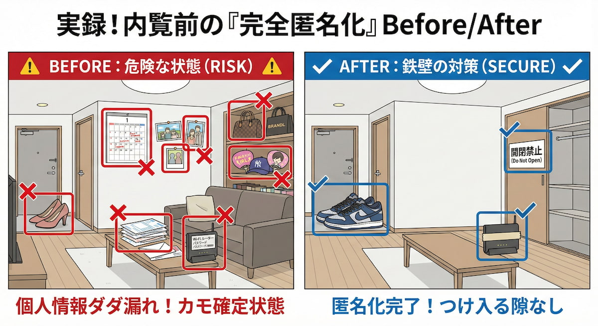 女性一人暮らしのマンション売却における内覧前の匿名化対策ビフォーアフター図解｜男性物の靴の設置や個人情報の隠蔽、Wi-Fiパスワードの目隠しなど具体的な防犯チェックリスト